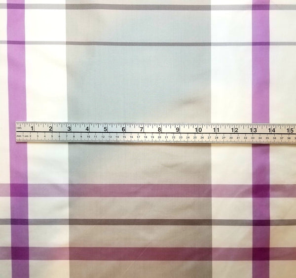 Mauve, Grey, and Cream Silk Taffeta Plaid Fabric by Kravet Couture with Ruler