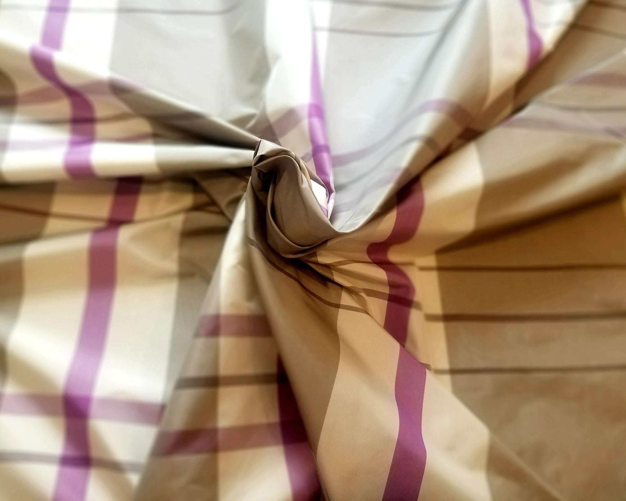 Mauve, Grey, and Cream Silk Taffeta Plaid Fabric by Kravet Couture