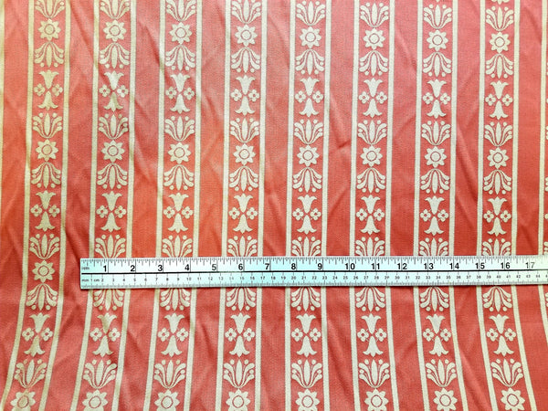 Red and Cream Silk Cotton Damask Fabric by Schumacher with Ruler and Detail