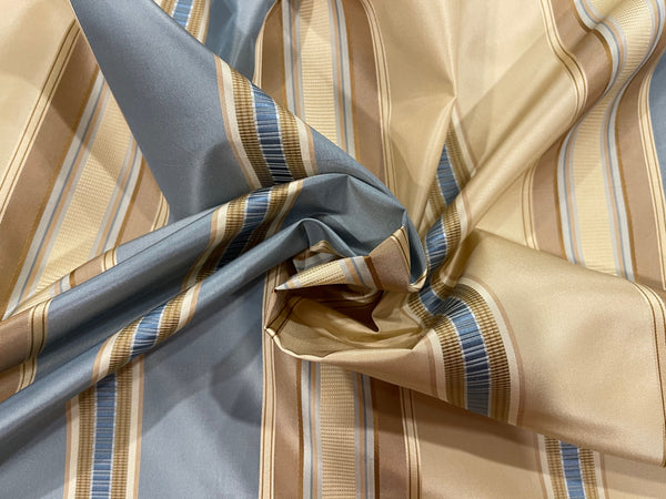 Ribbon-Striped Silk Taffeta Fabric in Tan, Cream, and Blue by Beacon Hill